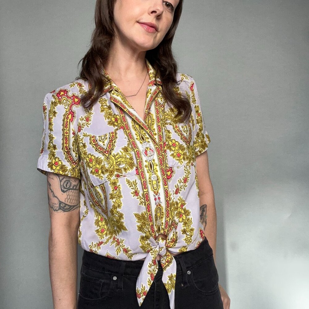 Size 2 | Anthropologie Maeve Echarpe Cropped Tie-Front Blouse Brocade Pattern